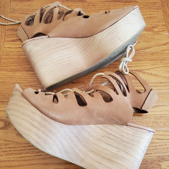 Musse & Cloud Camel Color Leather Bohemian Lace Up Platform Sandals Women's 10 - Picture 7 of 15